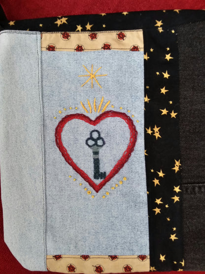 Hand emboidered sacred heart and vintage key design by artist Kristin of Magic Threads Studio