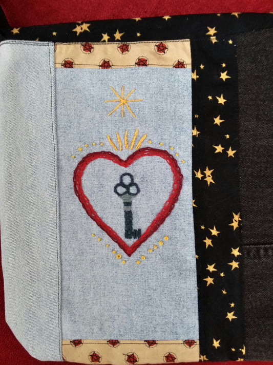 Hand emboidered sacred heart and vintage key design by artist Kristin of Magic Threads Studio