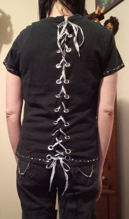 Upcycled Skull and Crossbones Lace Up Shirt - M