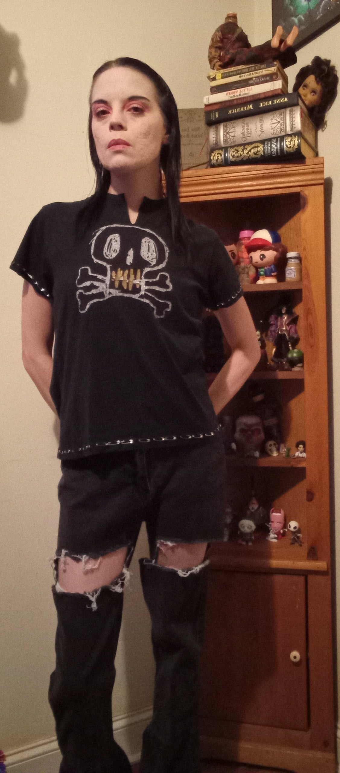 Upcycled Skull and Crossbones Lace Up Shirt - M