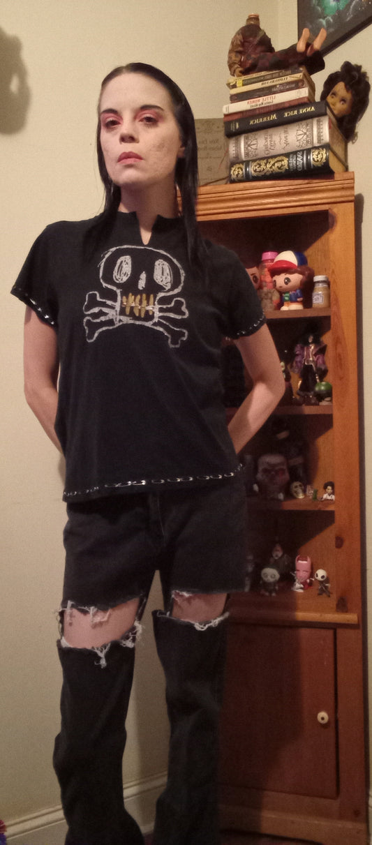Upcycled Skull and Crossbones Lace Up Shirt - M