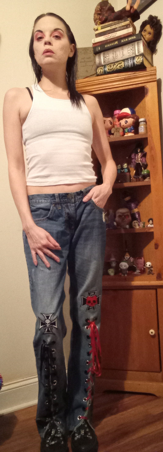 Upcycled Skull Lace Up Jeans - 30"/32"