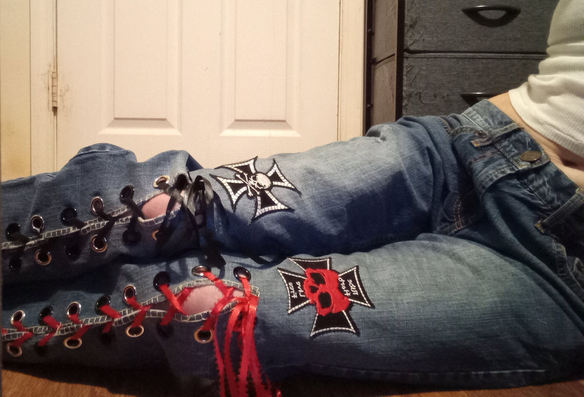 Upcycled Skull Lace Up Jeans - 30"/32"
