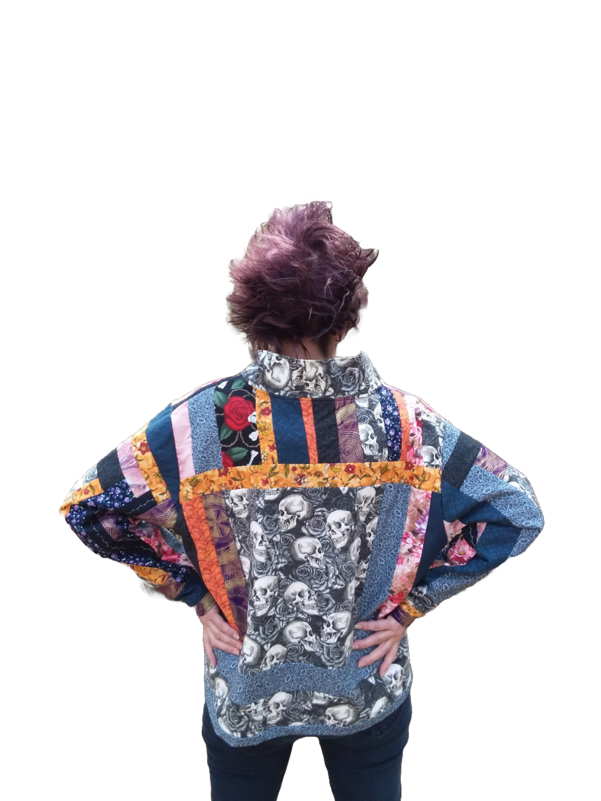 Upcycled quilted jacket with skulls, flowers and solid fabrics