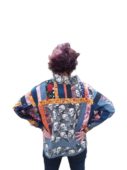 Upcycled quilted jacket with skulls, flowers and solid fabrics