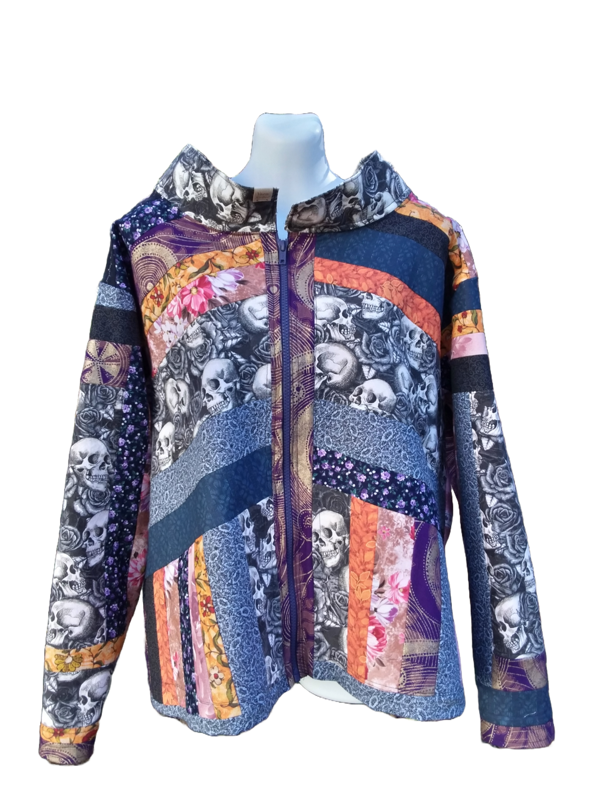 Hand made quilted jacket with skull and flower recycled fabrics