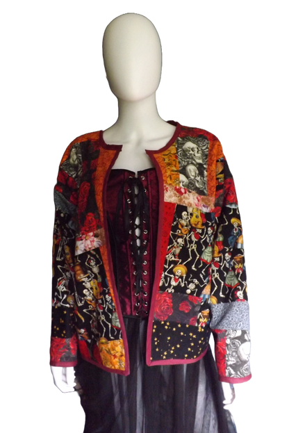 Dia de los muertos, calavera skull quilted jacket of upcycled fabrics on a mannequin