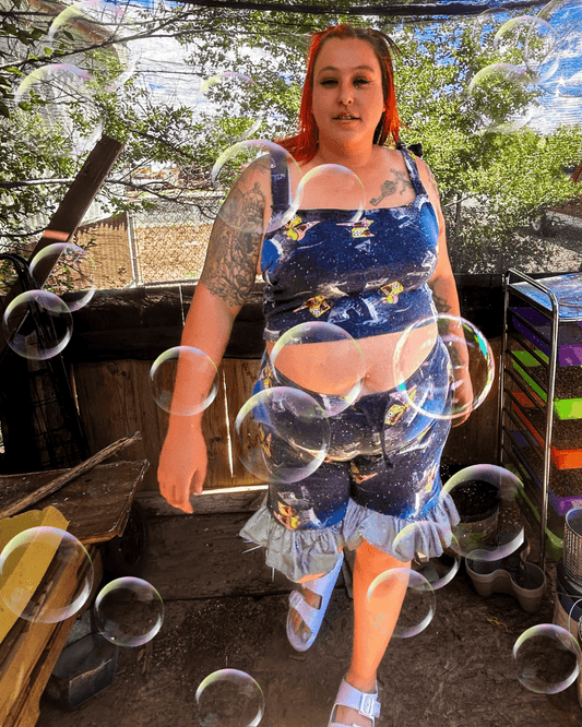 Space Sponge Crop Top & Ruffle Shorts Set – Handmade from Upcycled Pajamas