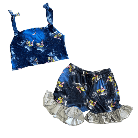 Space Sponge Crop Top & Ruffle Shorts Set – Handmade from Upcycled Pajamas