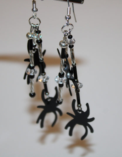 Halloween themed black spider earrings with crystals and silver tone beads