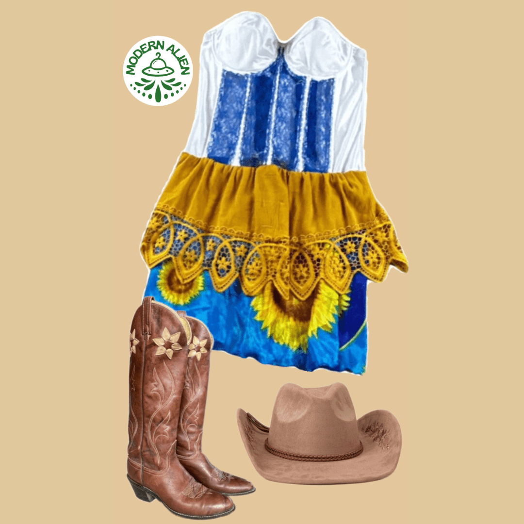 Sunflower Corset Midi Dress – Handmade & Upcycled