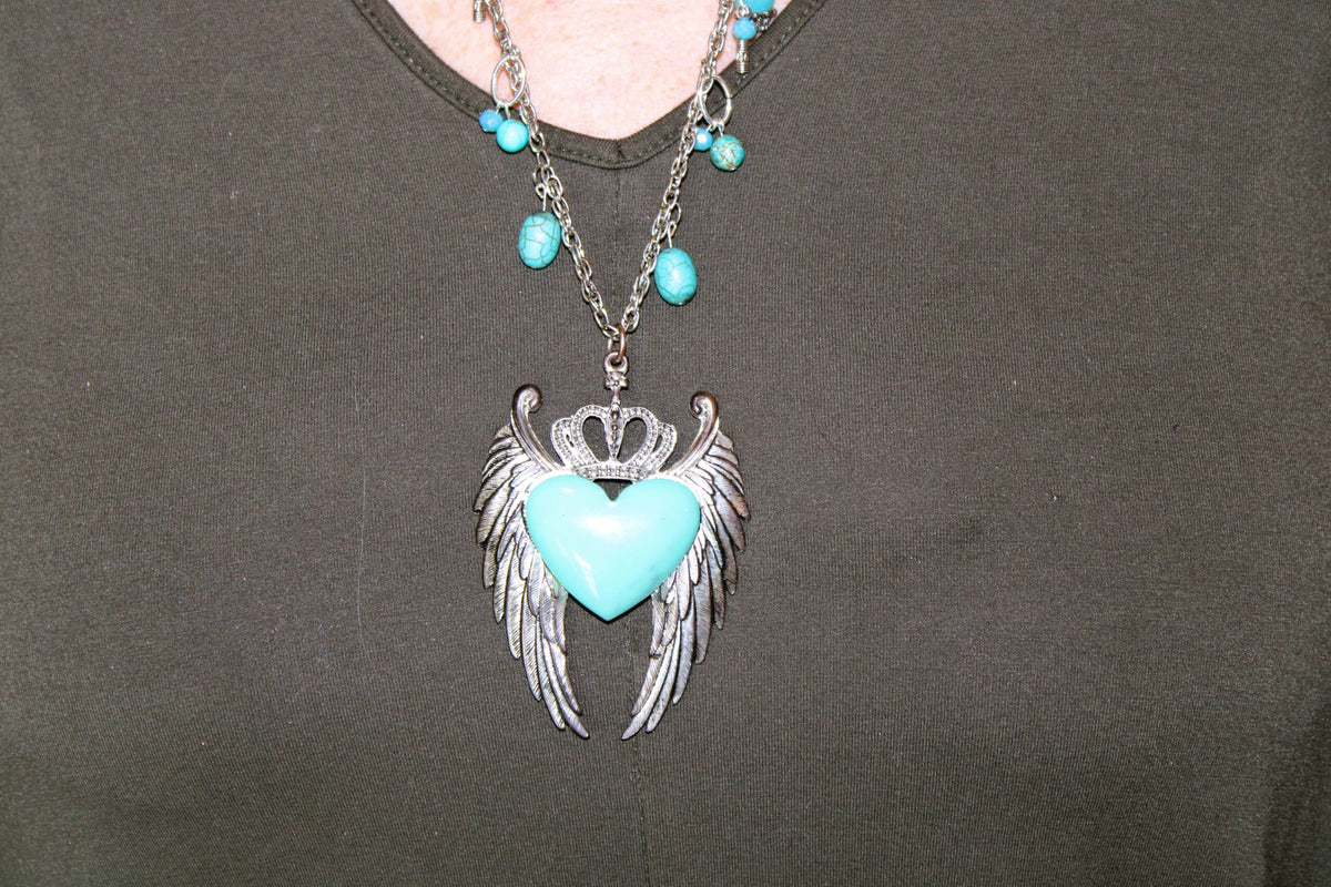 Royal Winged Heart Pendant Necklace with Turquoise beads on silver tone chain