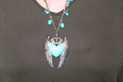 Royal Winged Heart Pendant Necklace with Turquoise beads on silver tone chain