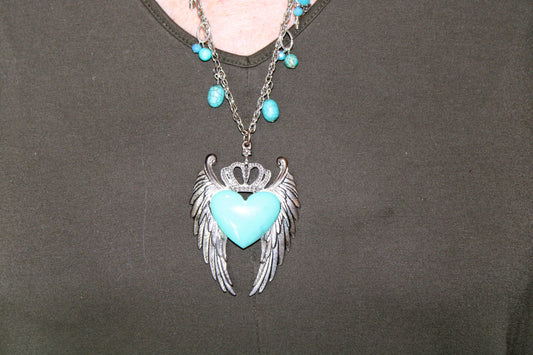 Royal Winged Heart Pendant Necklace with Turquoise beads on silver tone chain