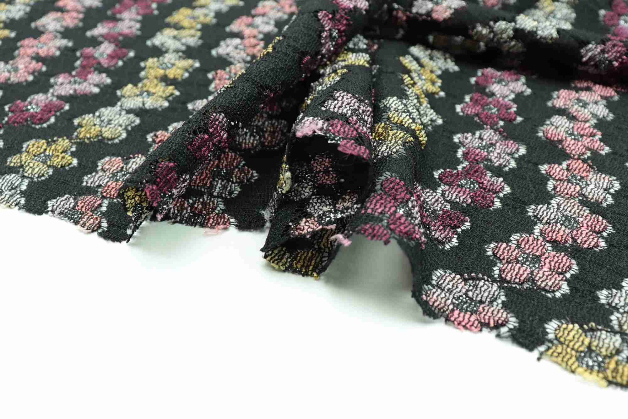 a close up of a black and pink flowered fabric.