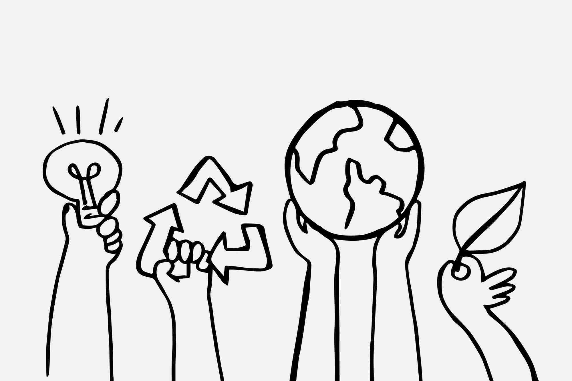 a black and white drawing of people holding up arrows.