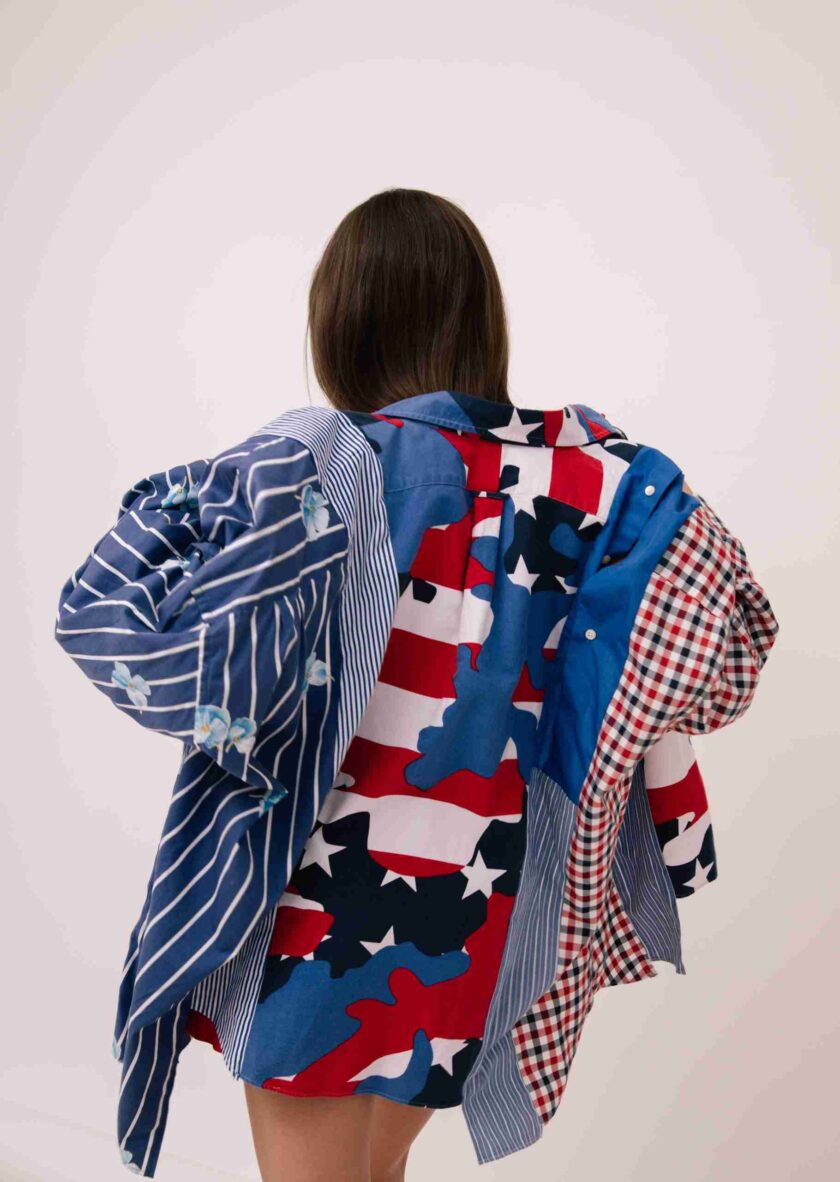 the back of a woman's dress with a pattern of stars and stripes.