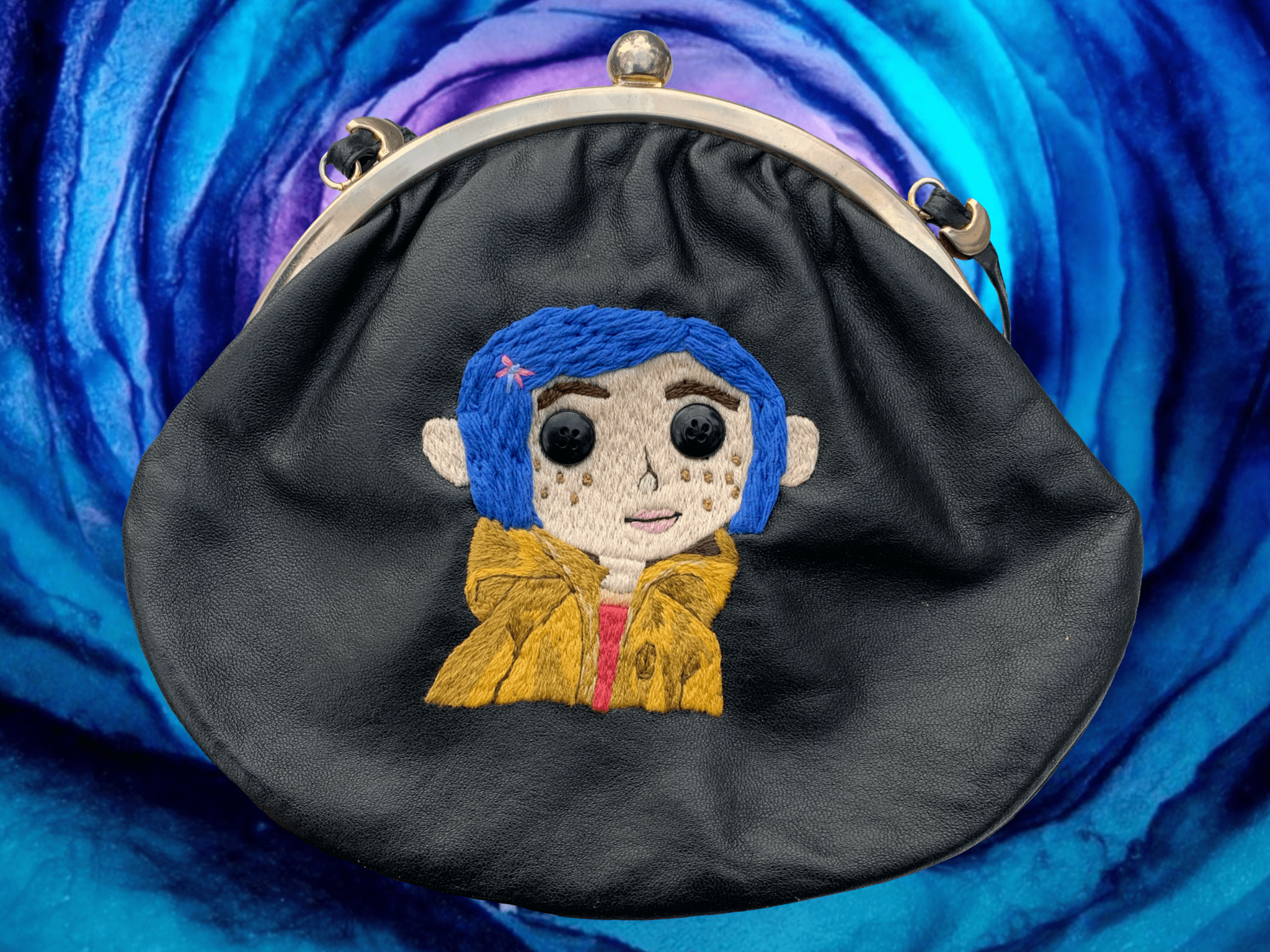 Coraline Head Embroidered Vintage Leather Purse Restatement The