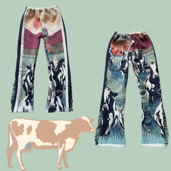a cow is standing next to a pair of pants.