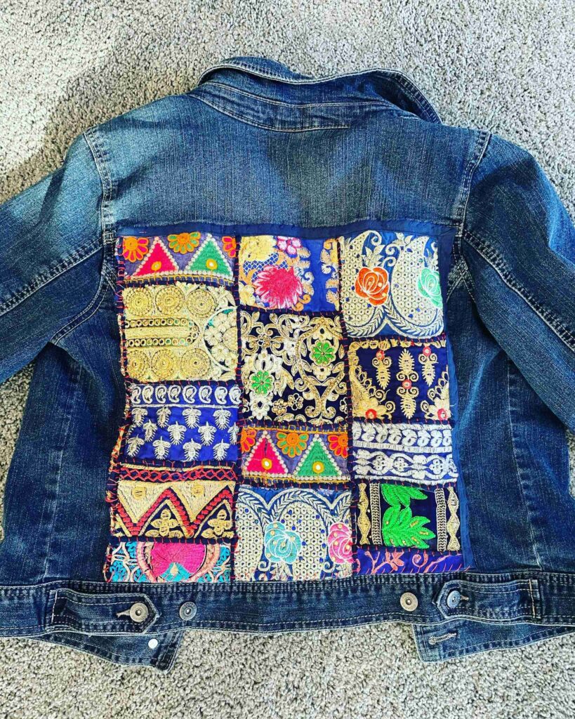 VINTAGE JEAN JACKET WITH RECYCLE SARI PATCH | RE.STATEMENT | The