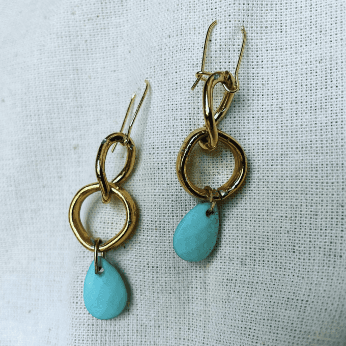 a pair of gold and turquoise earrings on a white cloth.