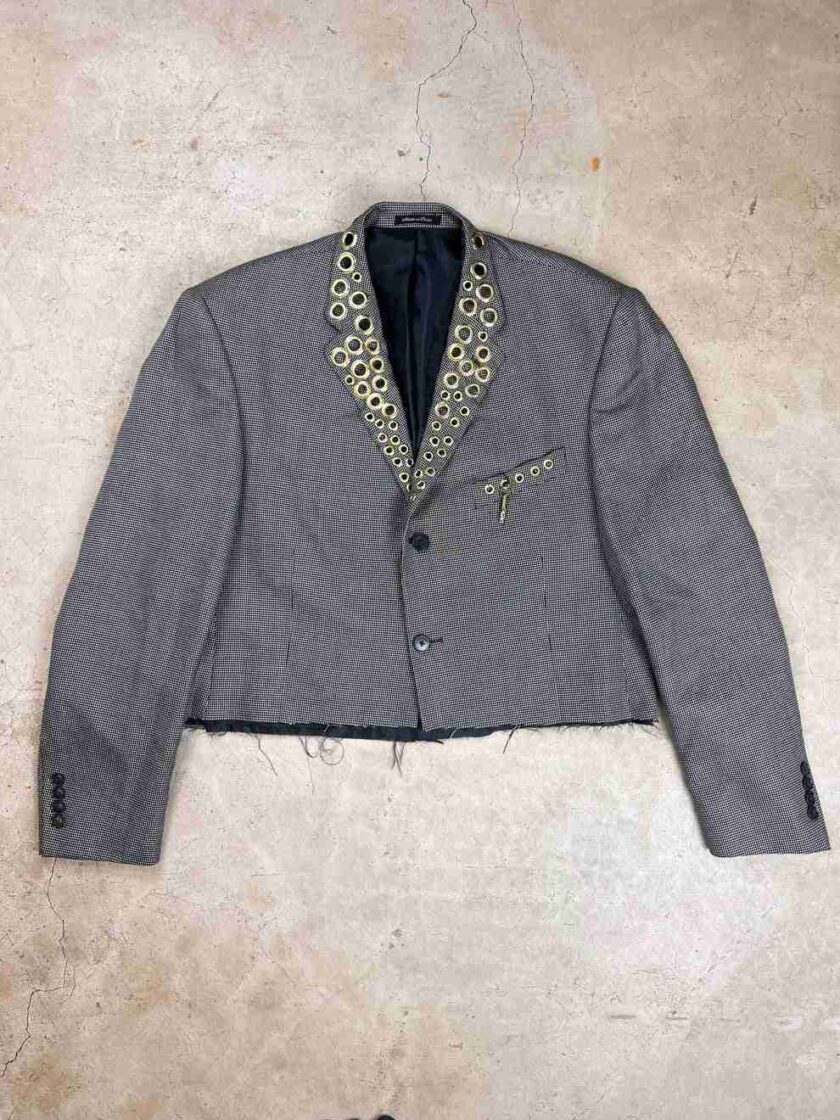 a gray jacket with a leopard print collar.