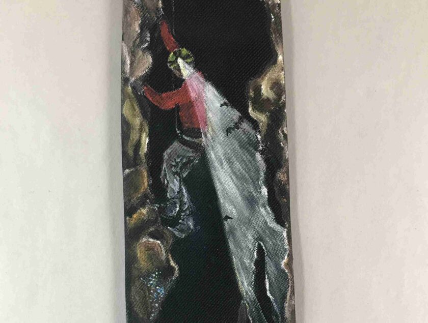 a painting of a man holding a surfboard.