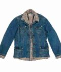 a denim jacket with a checkered collar.