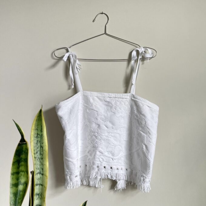 a crop top hanging on a wall next to a plant.