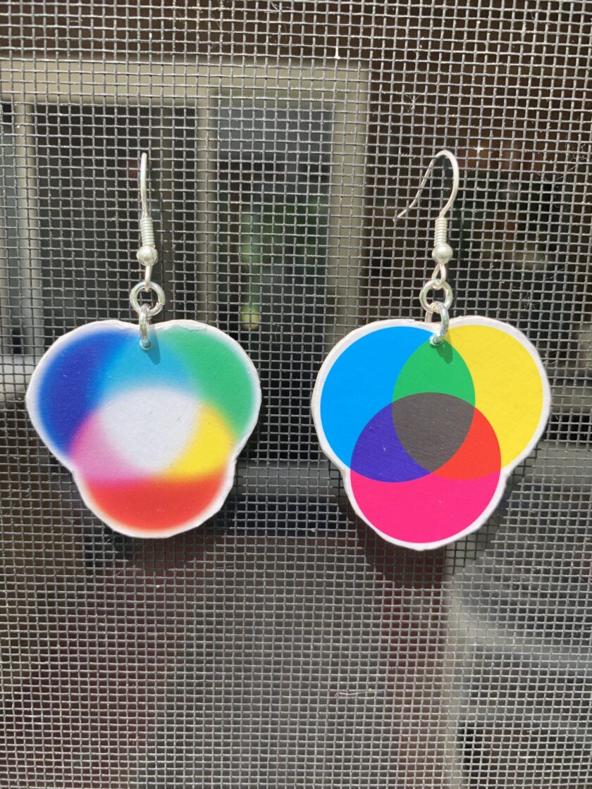 a pair of earrings with a colorful design on them.
