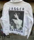 Mick Jagger Swagger White Denim Jacket with a picture of a shirtless man on it.