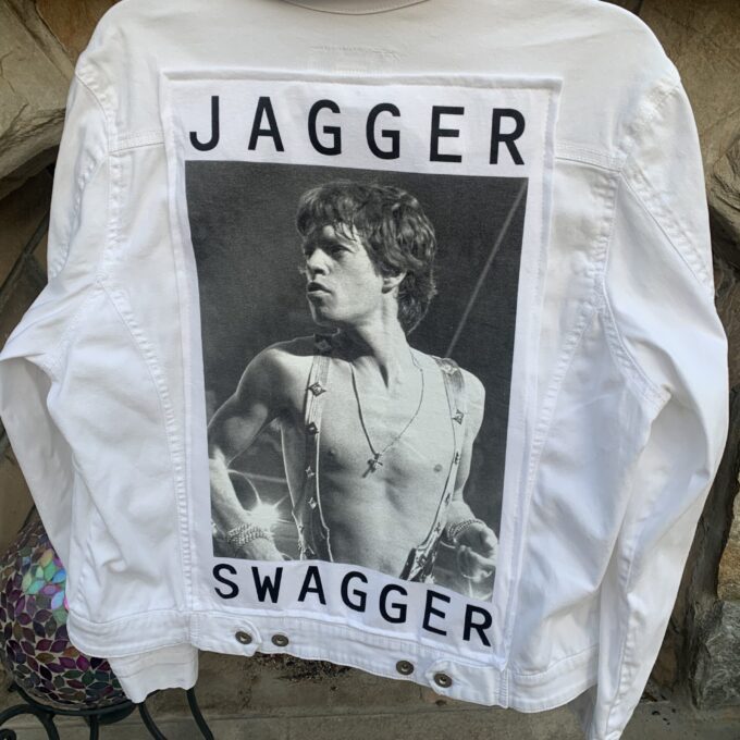 Mick Jagger Swagger White Denim Jacket with a picture of a shirtless man on it.
