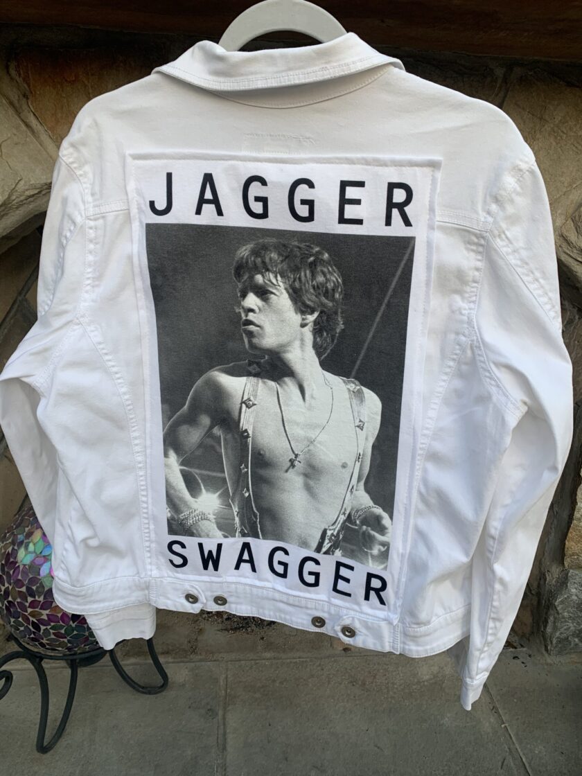 Mick Jagger Swagger White Denim Jacket with a picture of a shirtless man on it.