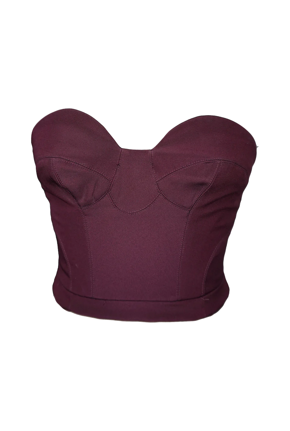 A Plum Bustier Strapless Crop Top with a large bow at the back.