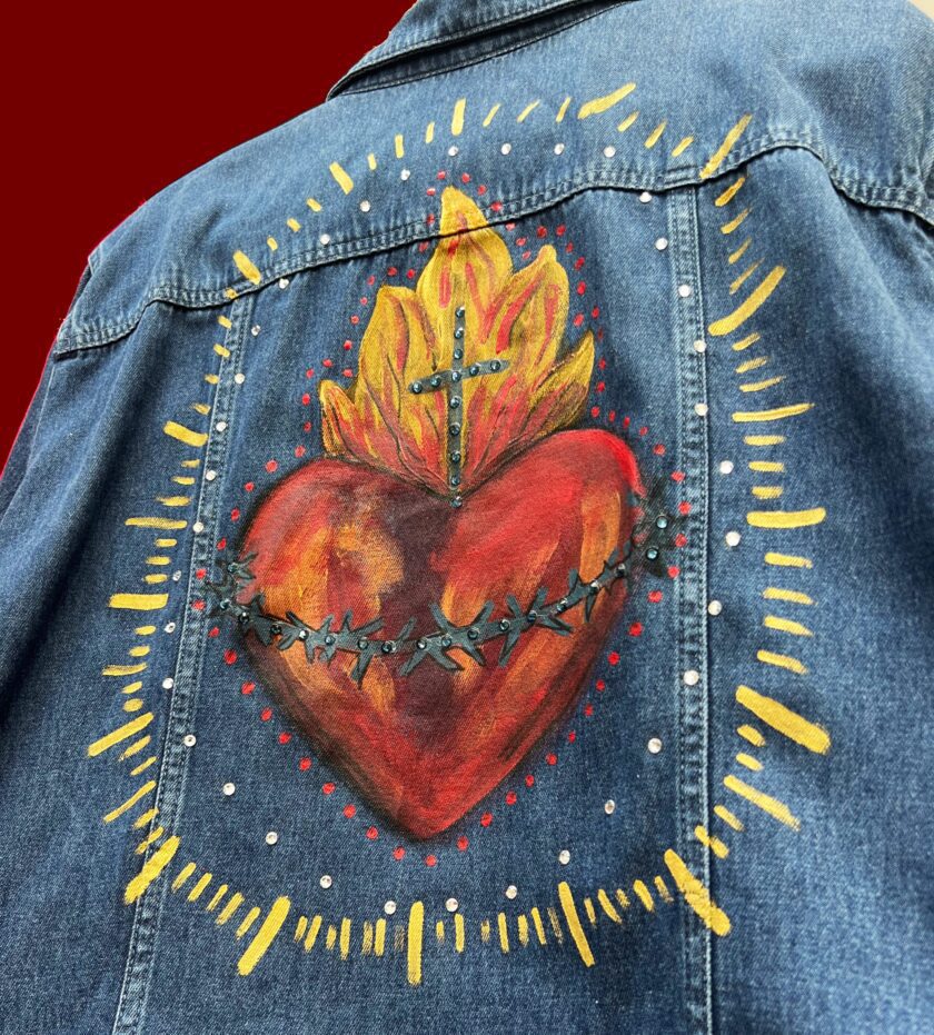 A Sacred Heart denim jacket.