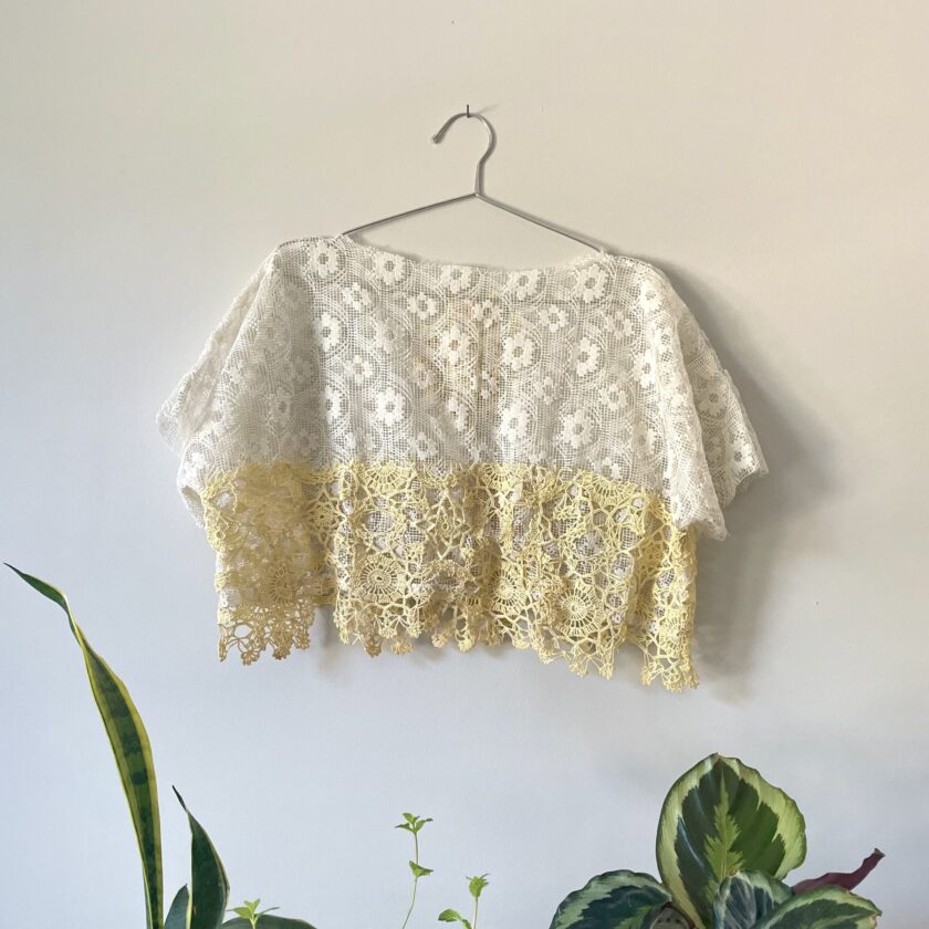 A Boxy Cream Lace Top w/ Crochet Trim hanging on a wall next to a potted plant.