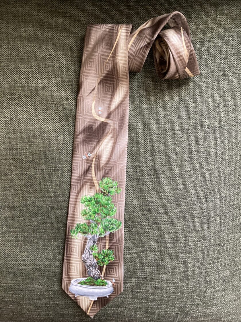 A Hand-painted bonsai tree and dragonflies silk tie.