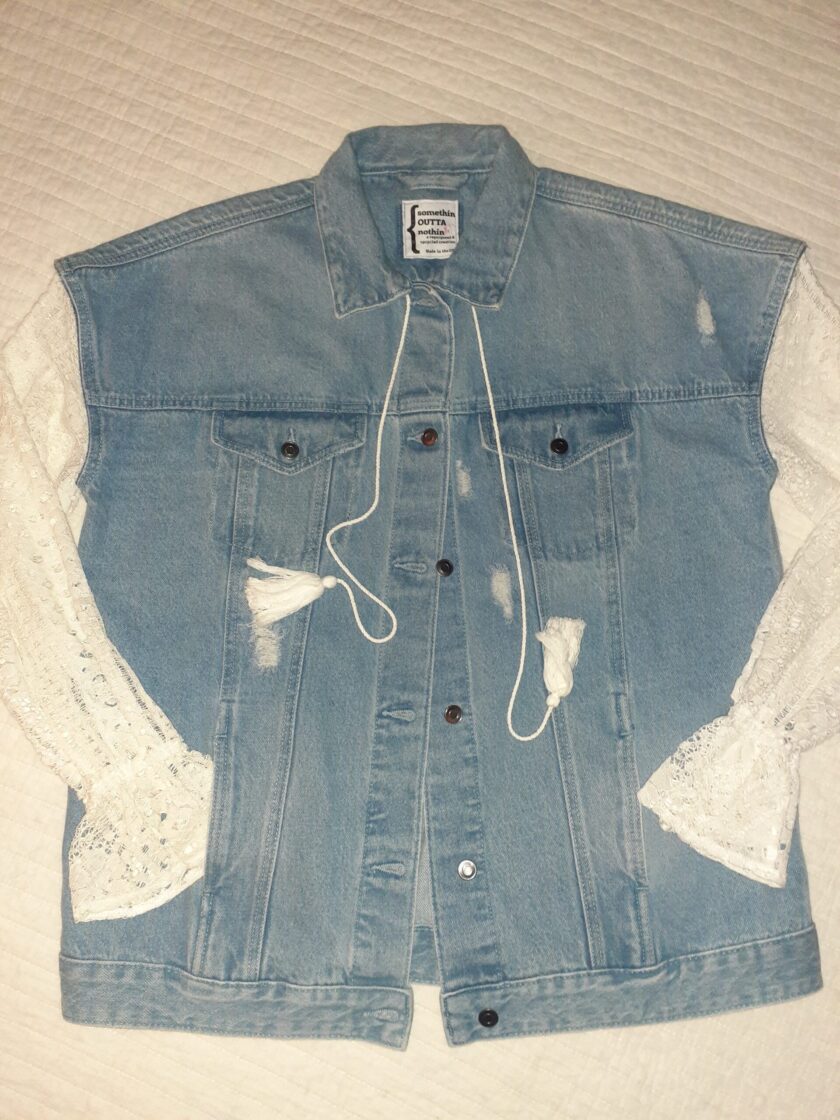 Take Me To The Ocean upcycled denim & lace jacket with lace sleeves and a lace sleeve.