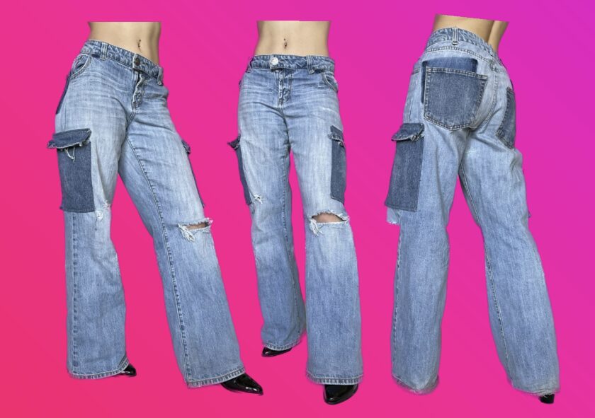 Three pairs of Denim Two-Toned Baggy Cargo Pants for women are shown in three different positions.