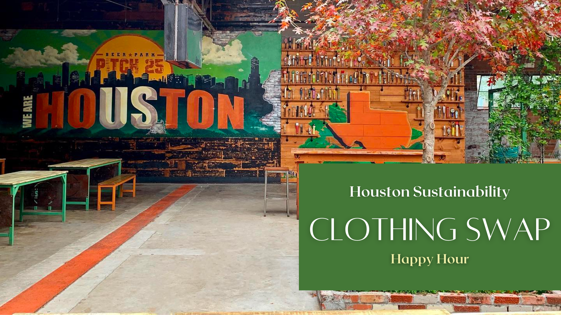 a store with a green sign that says houston sustainability clothing swap happy hour.