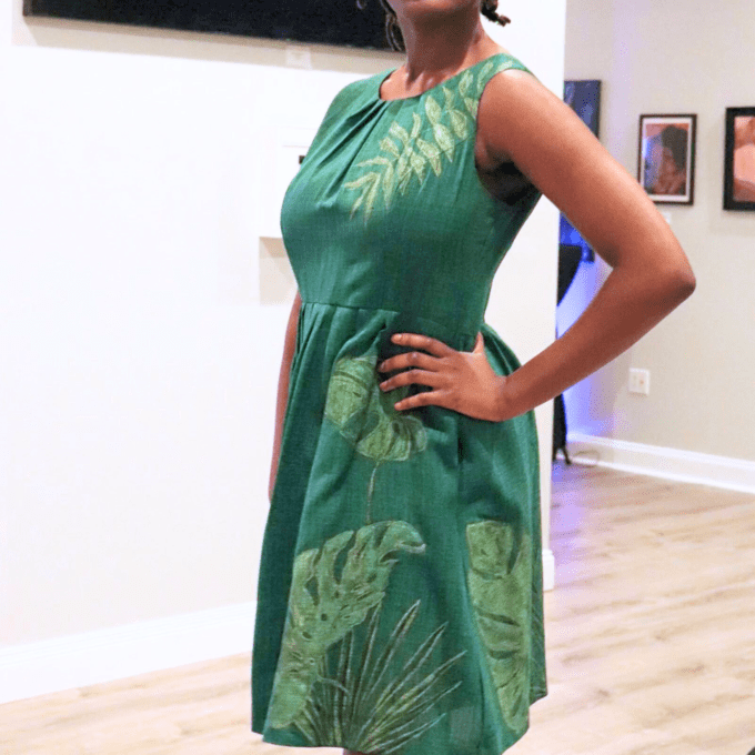 Green jungle leaves hand-painted knee-length dress