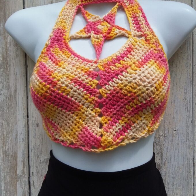 Crochet crop top halter shooting star design, yellow and pink