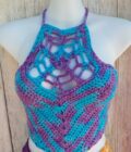 Crocheted Web crop top halter in hand dyed organic cotton yarn in shades of blue and purple