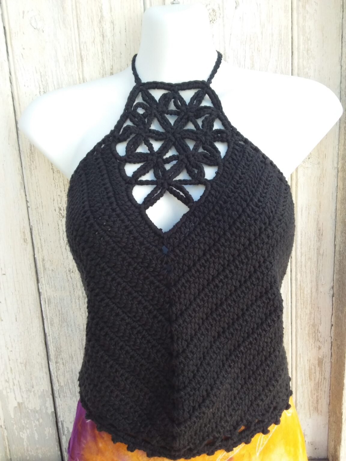 Flower Of Life Crochet Crop Top Halter Black Cotton Re Statement