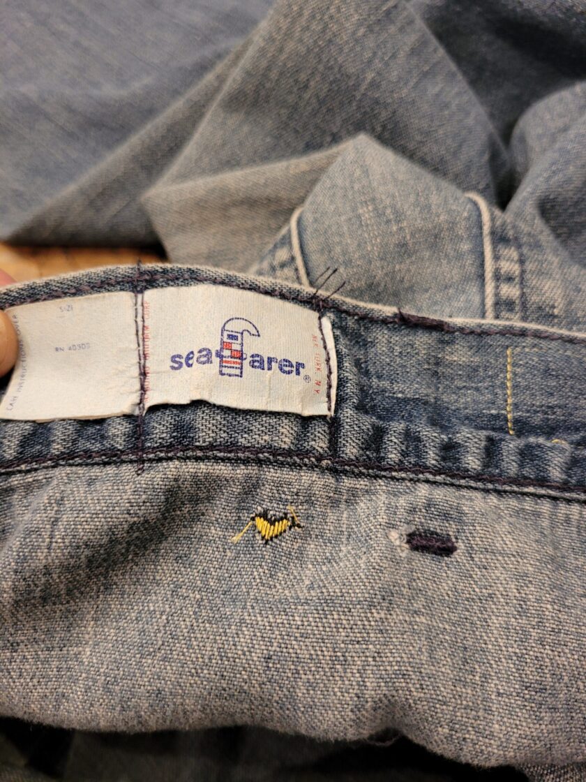 a pair of jeans with a label on them.