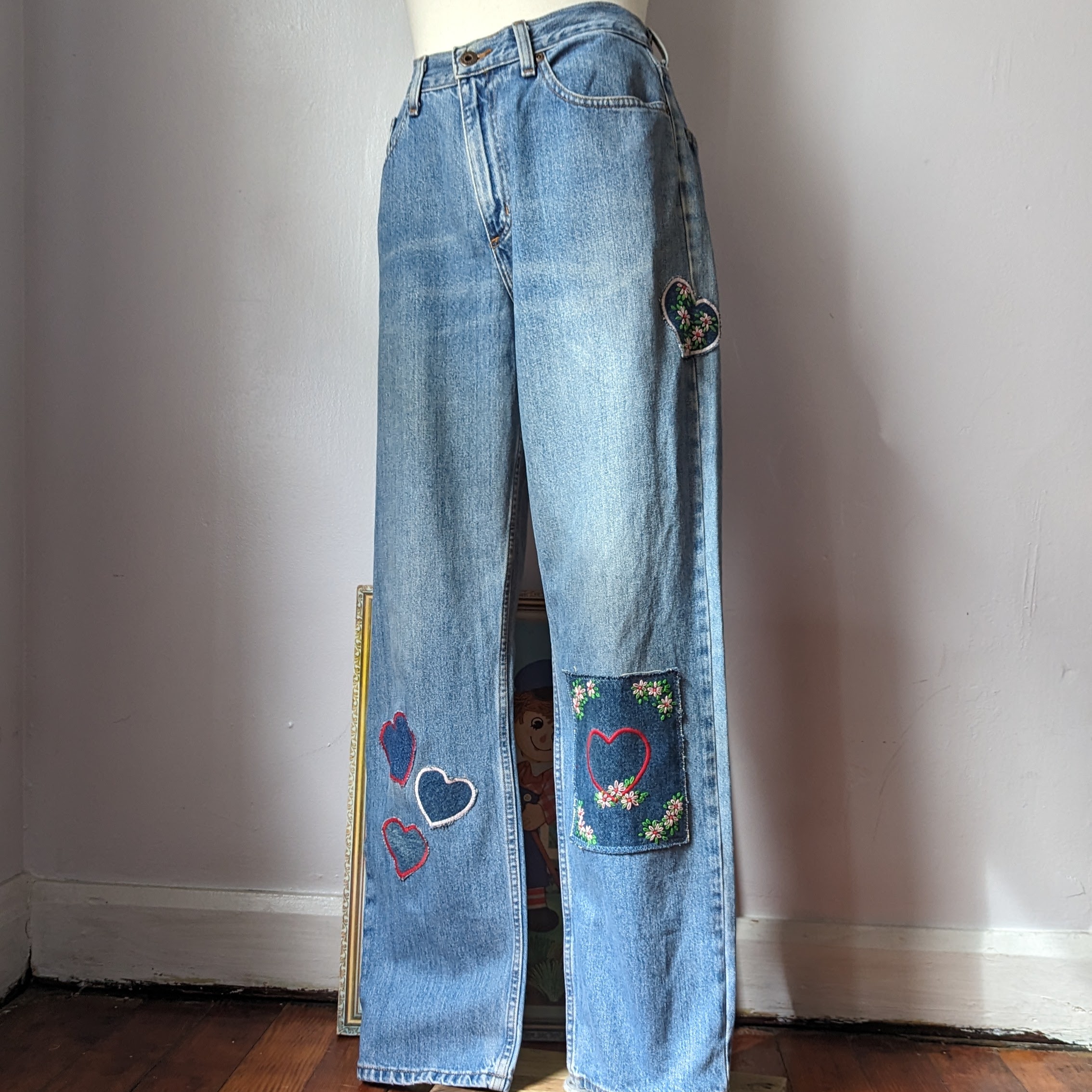 RE.STATEMENT | Upcycled Fashion Marketplace Unique, Upcycled, Sustainable Embroidered Patchwork Heart Jeans by Sensible Slacks - One-Of-A-Kind, Exclusive Clothing
