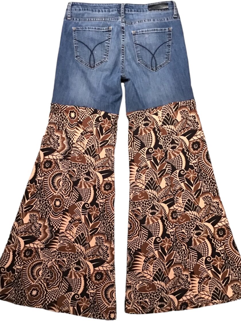 A pair of jeans with a paisley print on them.