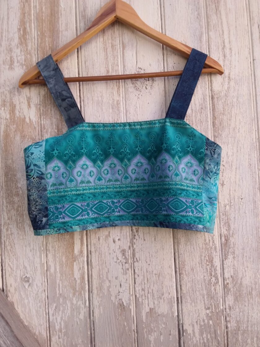 Unique teal and charcoal Indian print crop top made from repurposed textiles