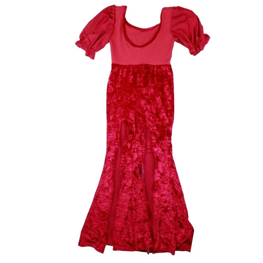 A red velvet dress on a mannequin.
