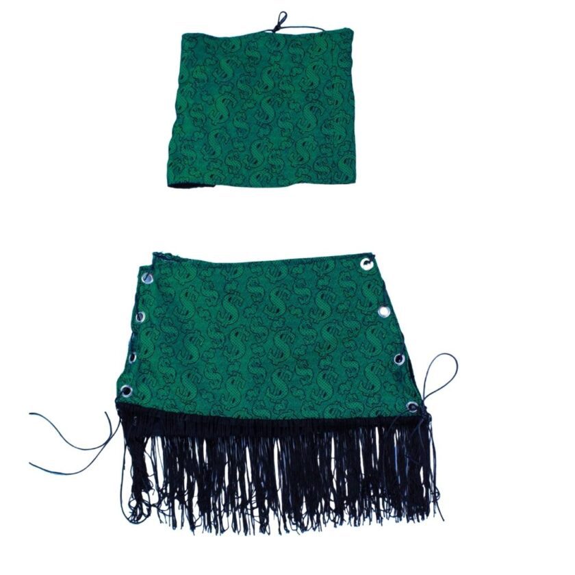 A green and black skirt with fringes.